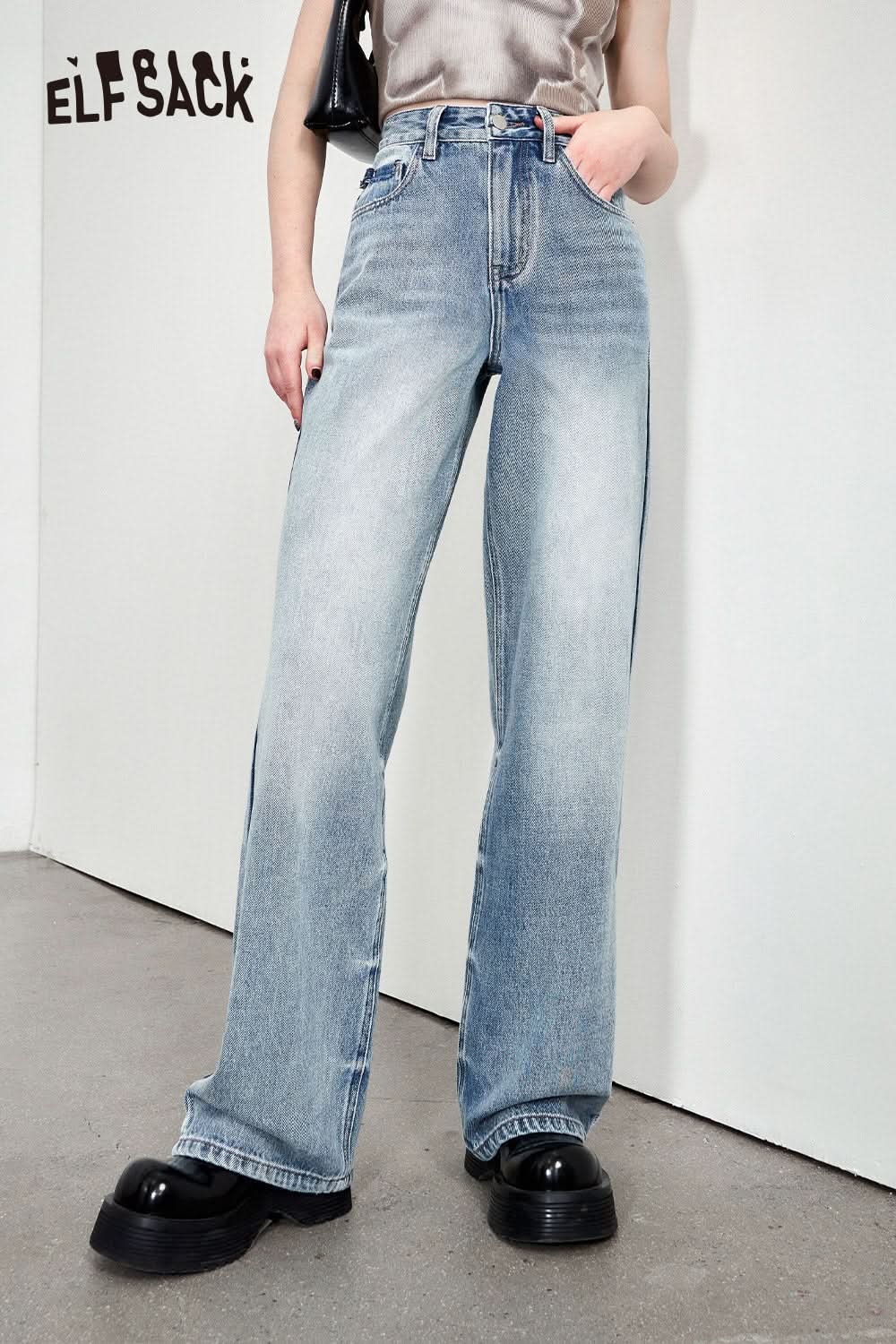 ELFSACK High waisted light colored straight leg jeans in spring, small stature slimming narrow version wide leg pants