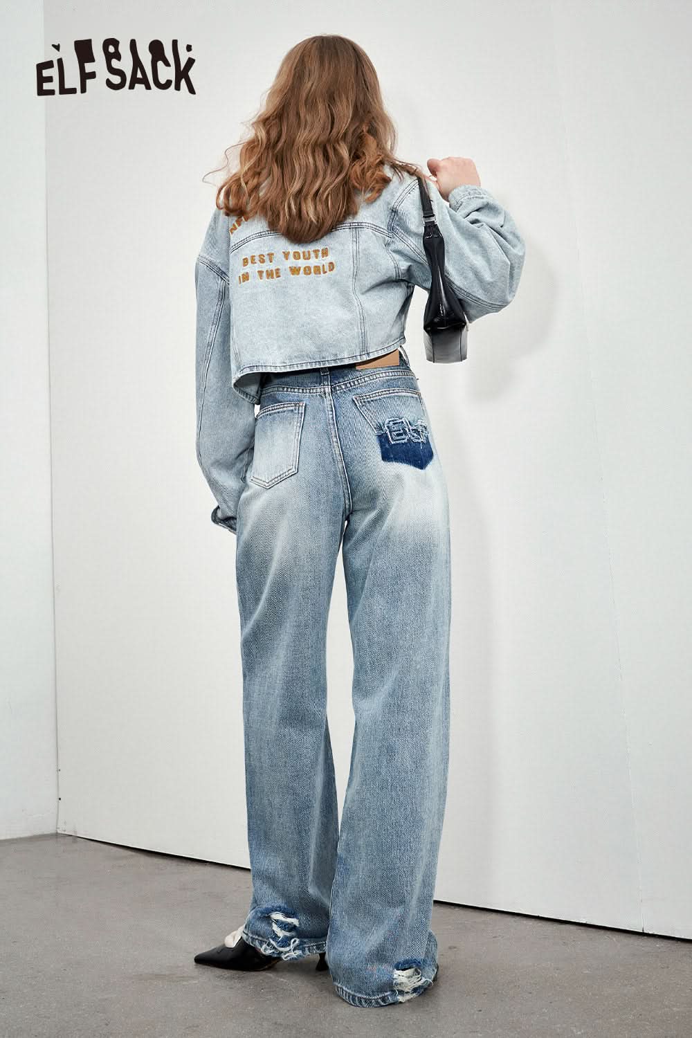 ELFSACK High waisted light colored straight leg jeans in spring, small stature slimming narrow version wide leg pants