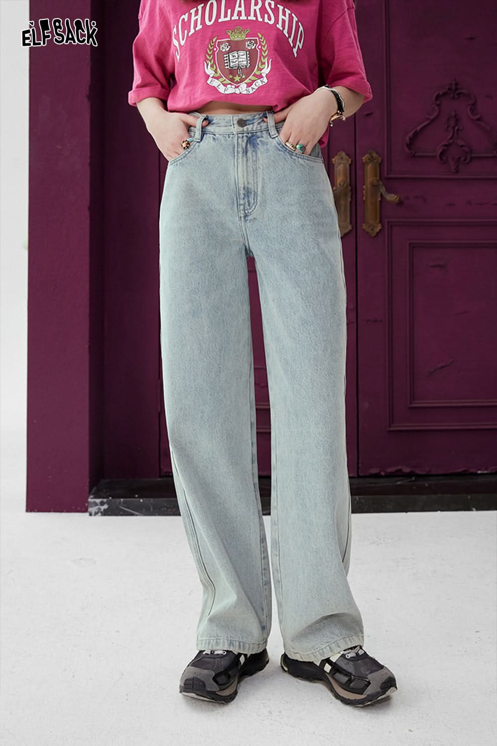 ELFSACK Light colored high waisted straight leg jeans's spring loose casual slimming pants