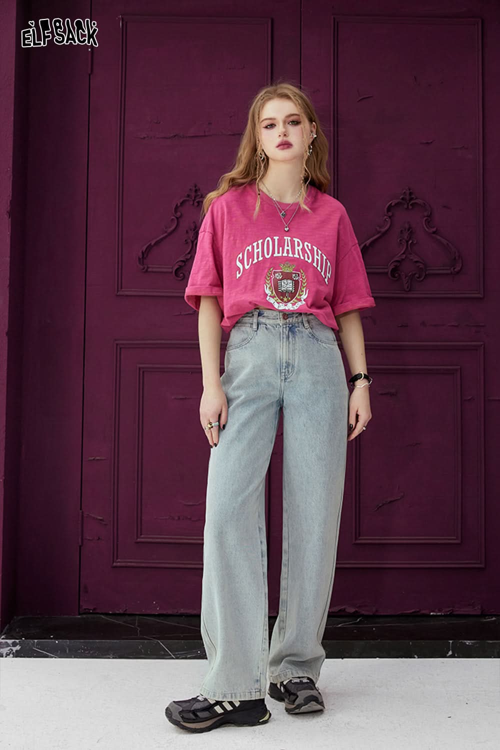 ELFSACK Light colored high waisted straight leg jeans's spring loose casual slimming pants