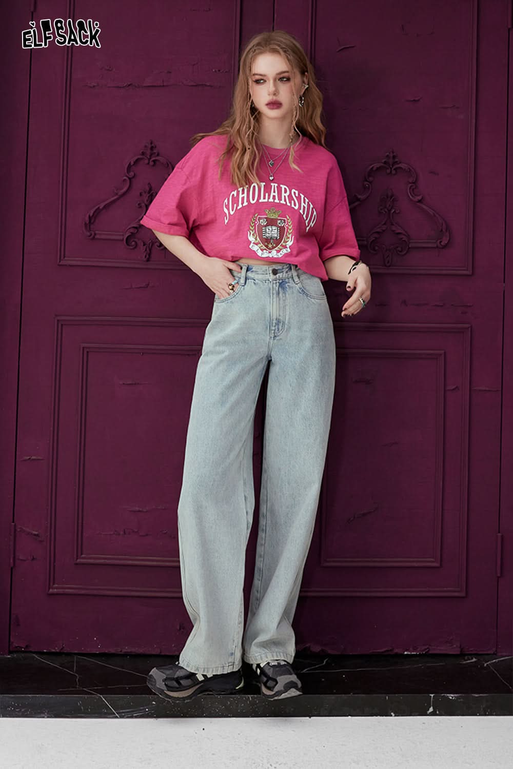 ELFSACK Light colored high waisted straight leg jeans's spring loose casual slimming pants