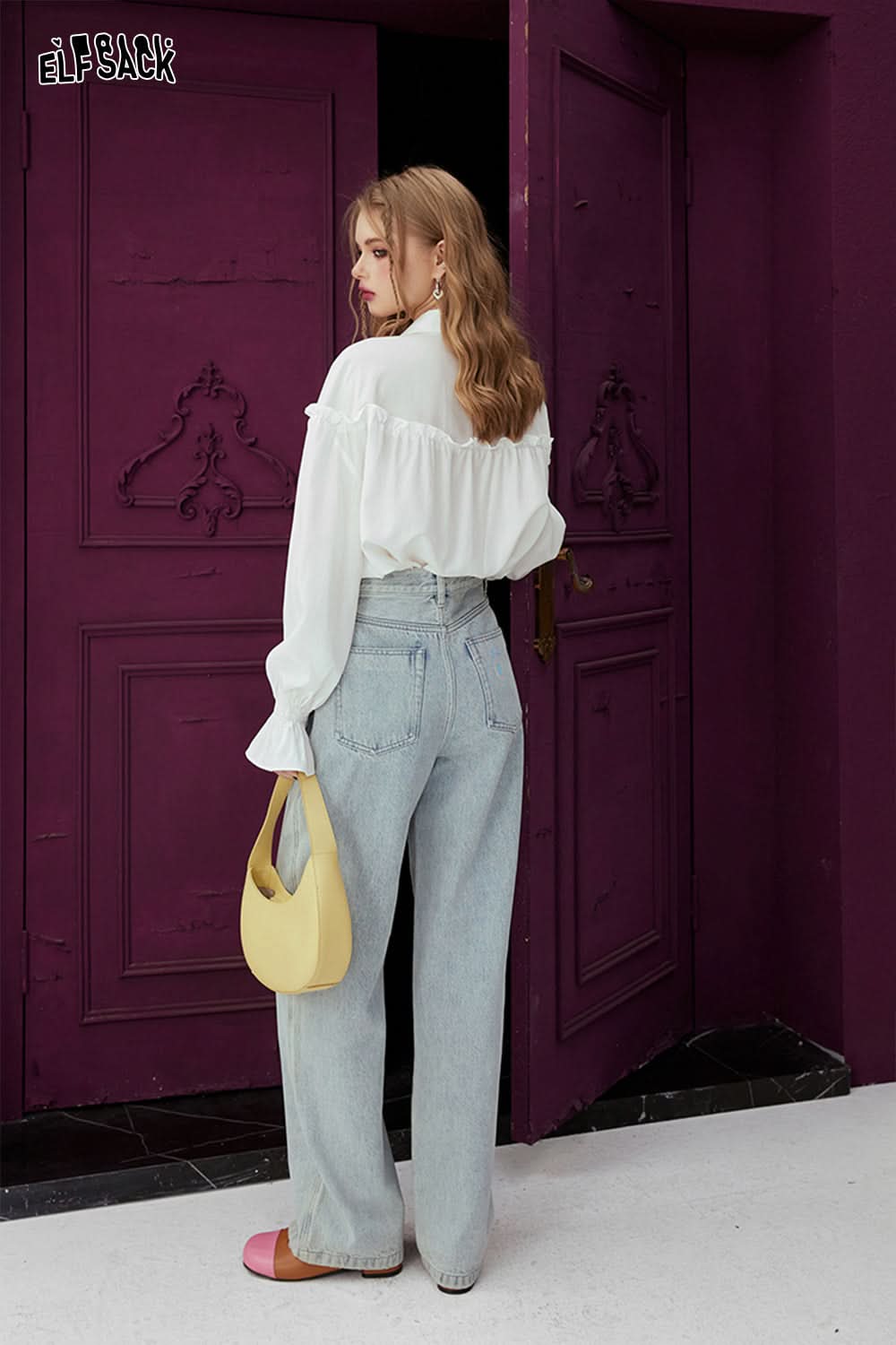 ELFSACK Light colored high waisted straight leg jeans's spring loose casual slimming pants