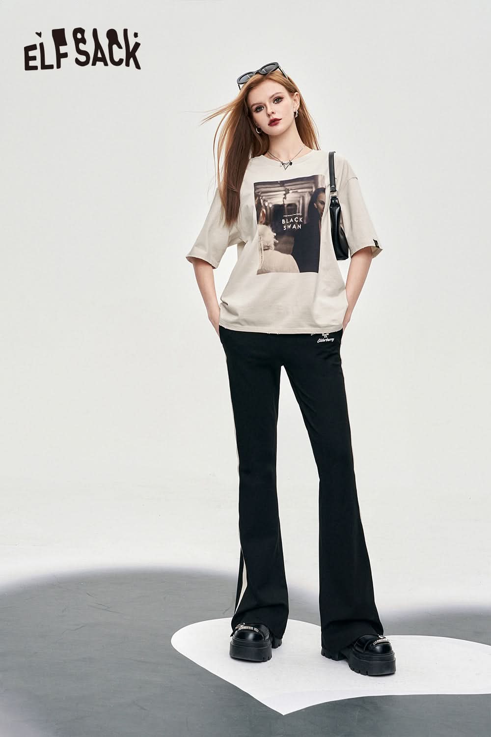 ELFSACK color block sports women's pants spring wide-leg casual cool bow alphabet printing pants