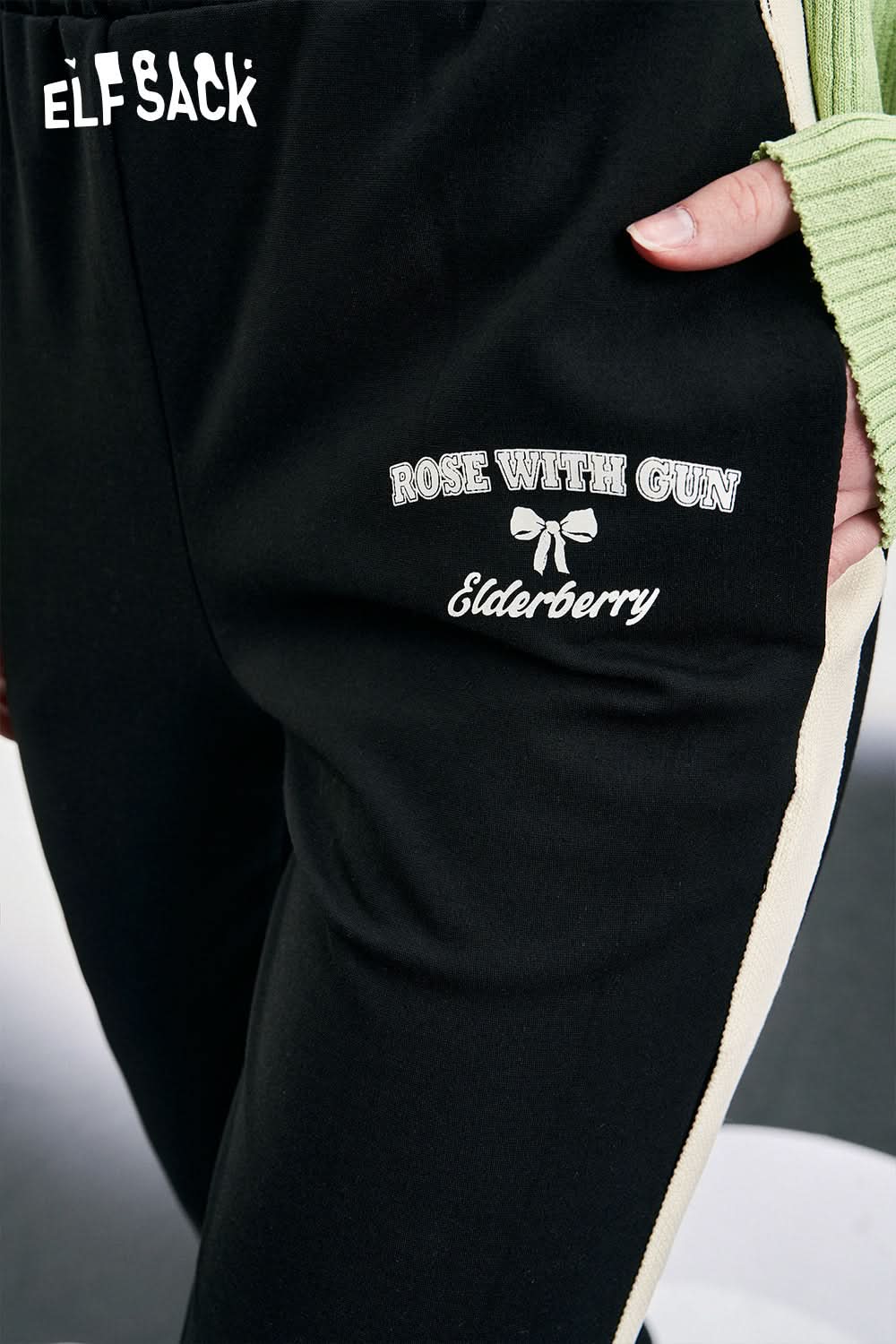 ELFSACK color block sports women's pants spring wide-leg casual cool bow alphabet printing pants