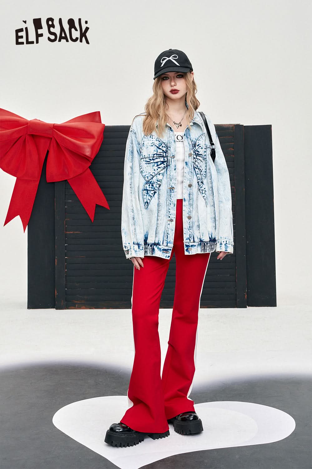 ELFSACK color block sports women's pants spring wide-leg casual cool bow alphabet printing pants