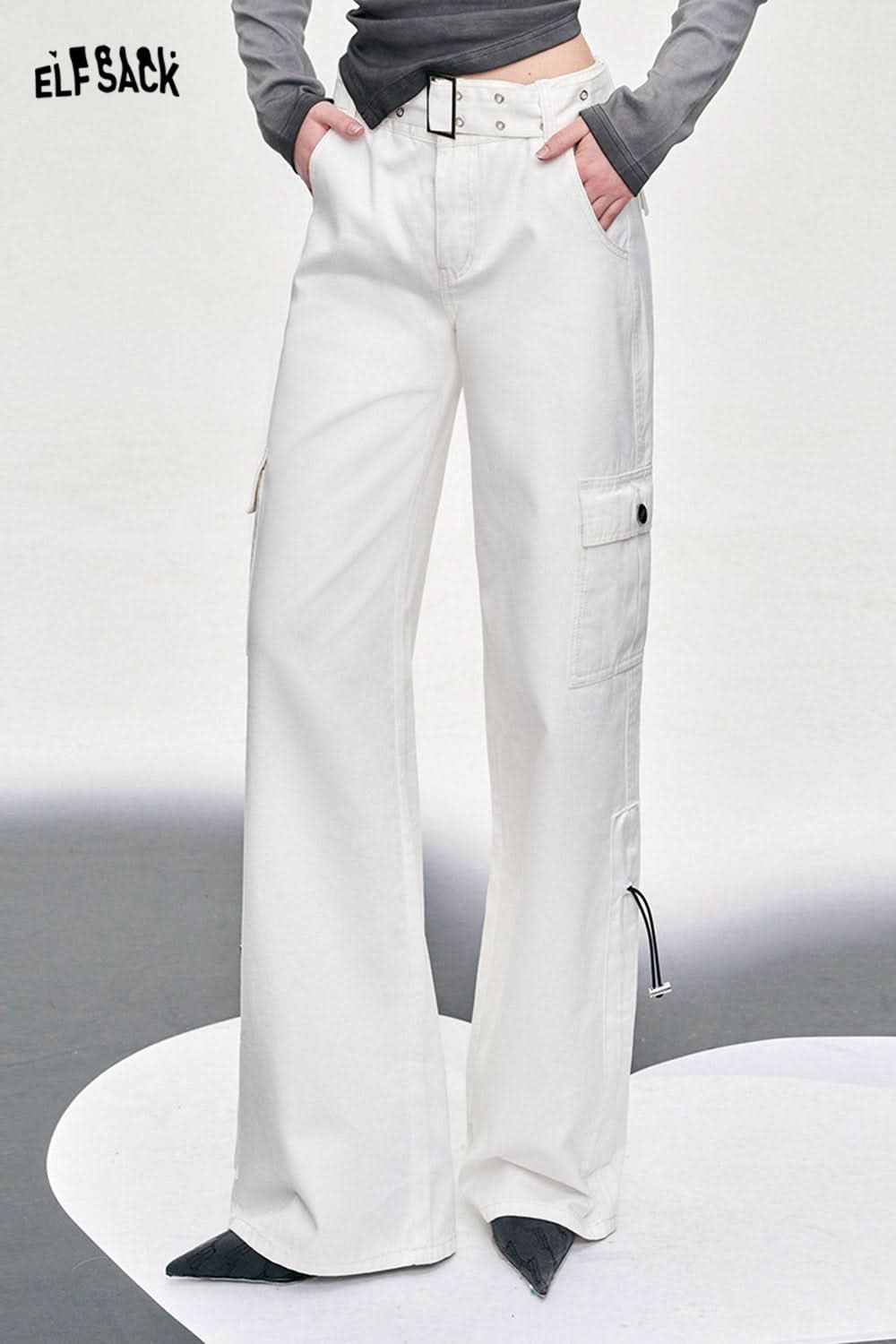 ELFSACK white workwear style wide leg pants versatile loose thin long straight long pants