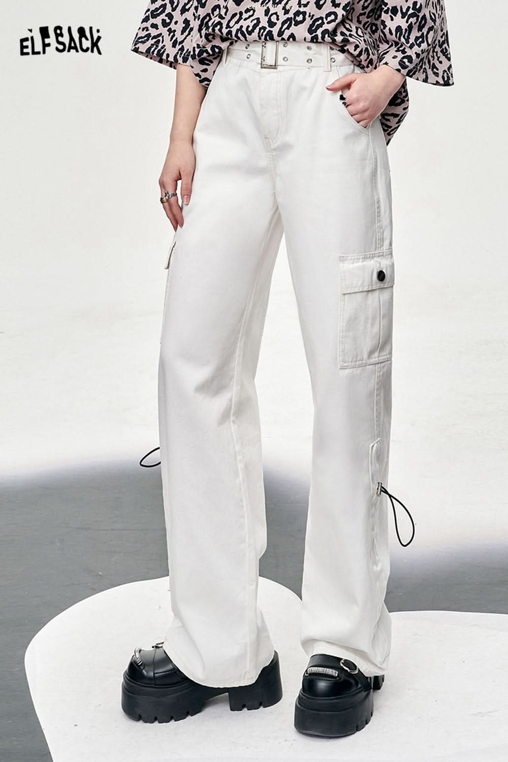 ELFSACK white workwear style wide leg pants versatile loose thin long straight long pants