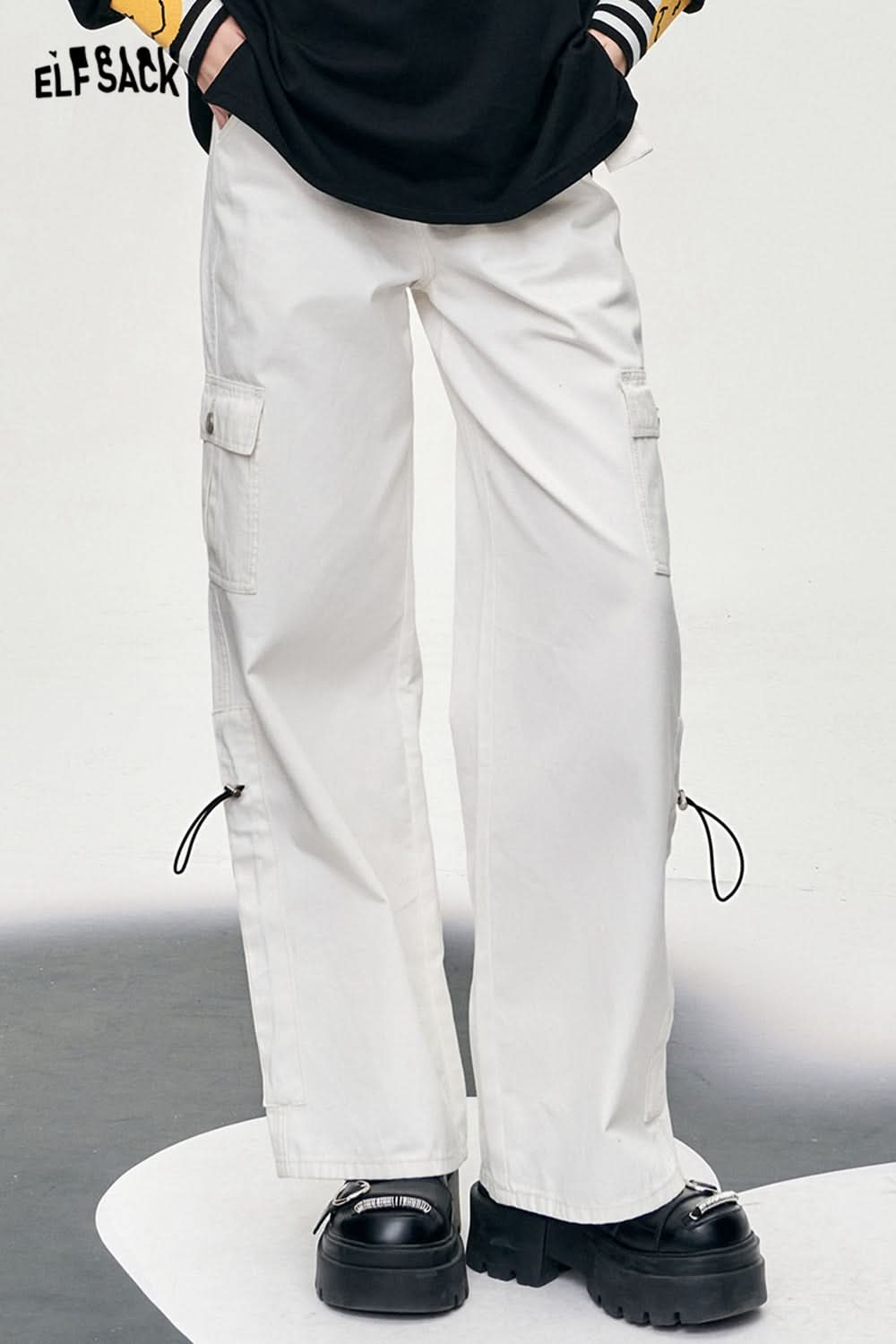 ELFSACK white workwear style wide leg pants versatile loose thin long straight long pants