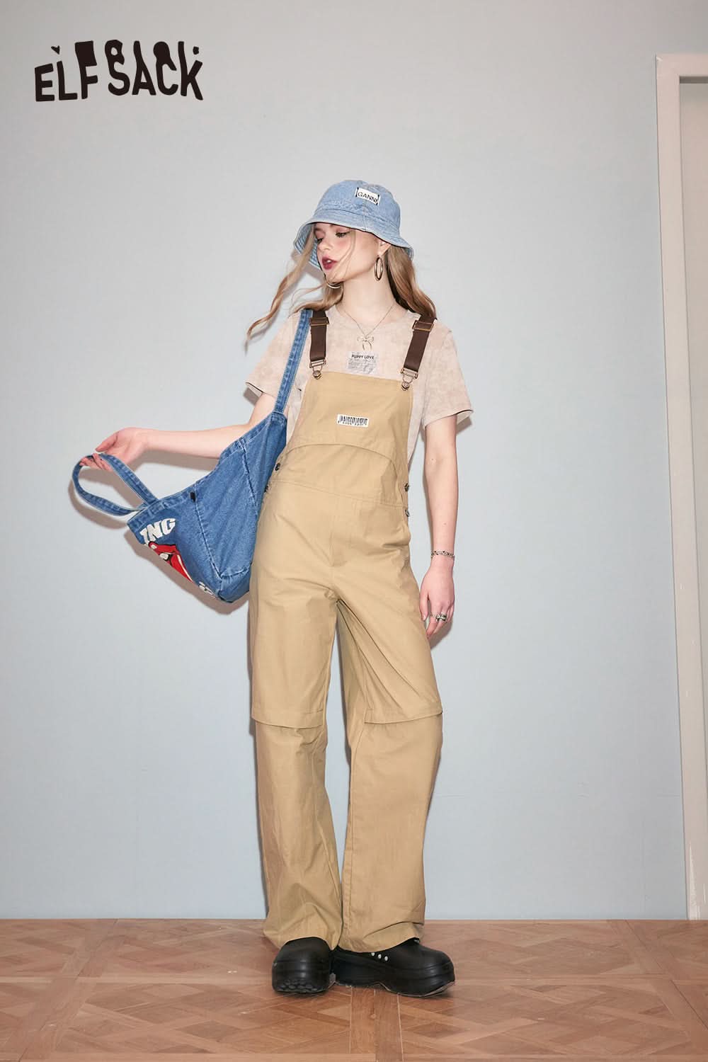 ELFSACK American Retro Straight Strap Pants's Spring Slimming Casual Work jumpsuit