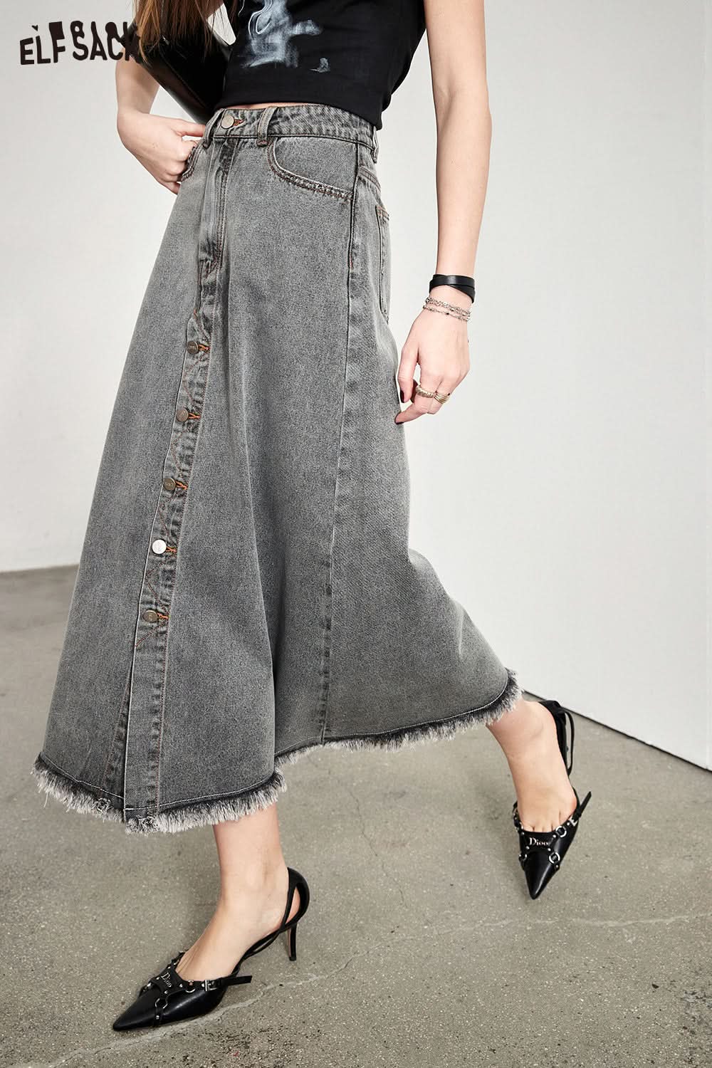 ELFSACK Grey high waisted A-line denim skirt's spring versatile crotch covering and slimming umbrella skirt