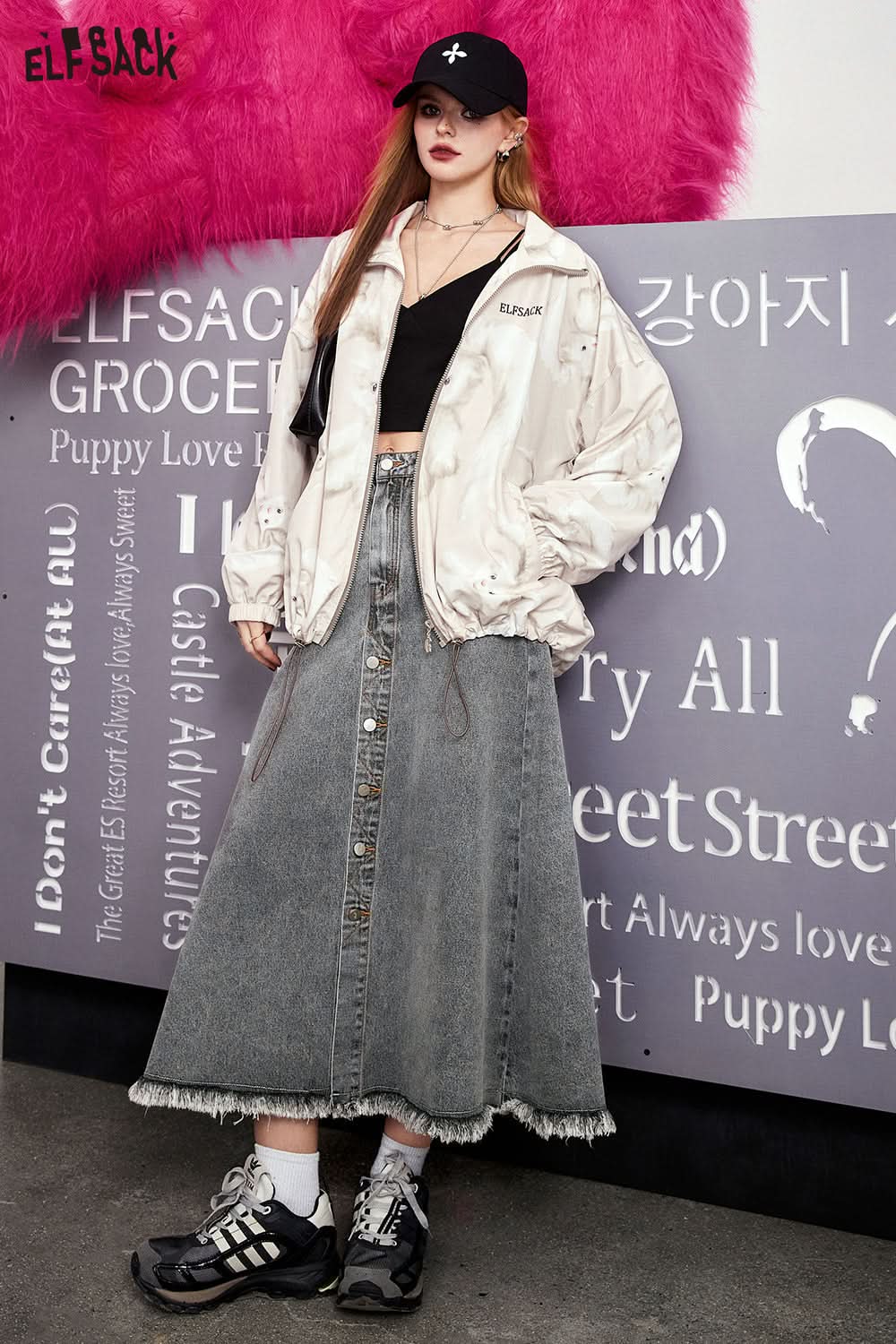 ELFSACK Grey high waisted A-line denim skirt's spring versatile crotch covering and slimming umbrella skirt
