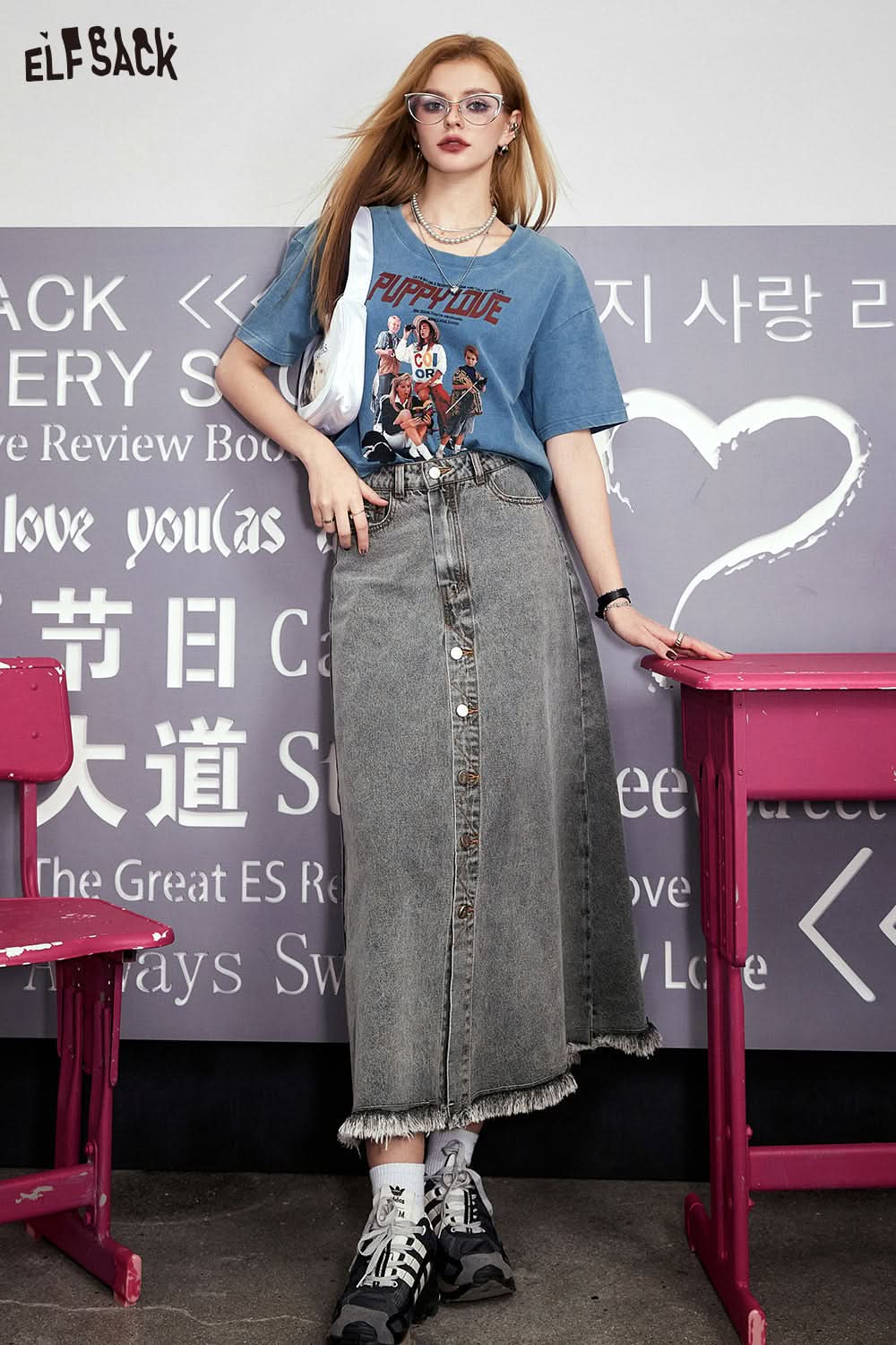 ELFSACK Grey high waisted A-line denim skirt's spring versatile crotch covering and slimming umbrella skirt