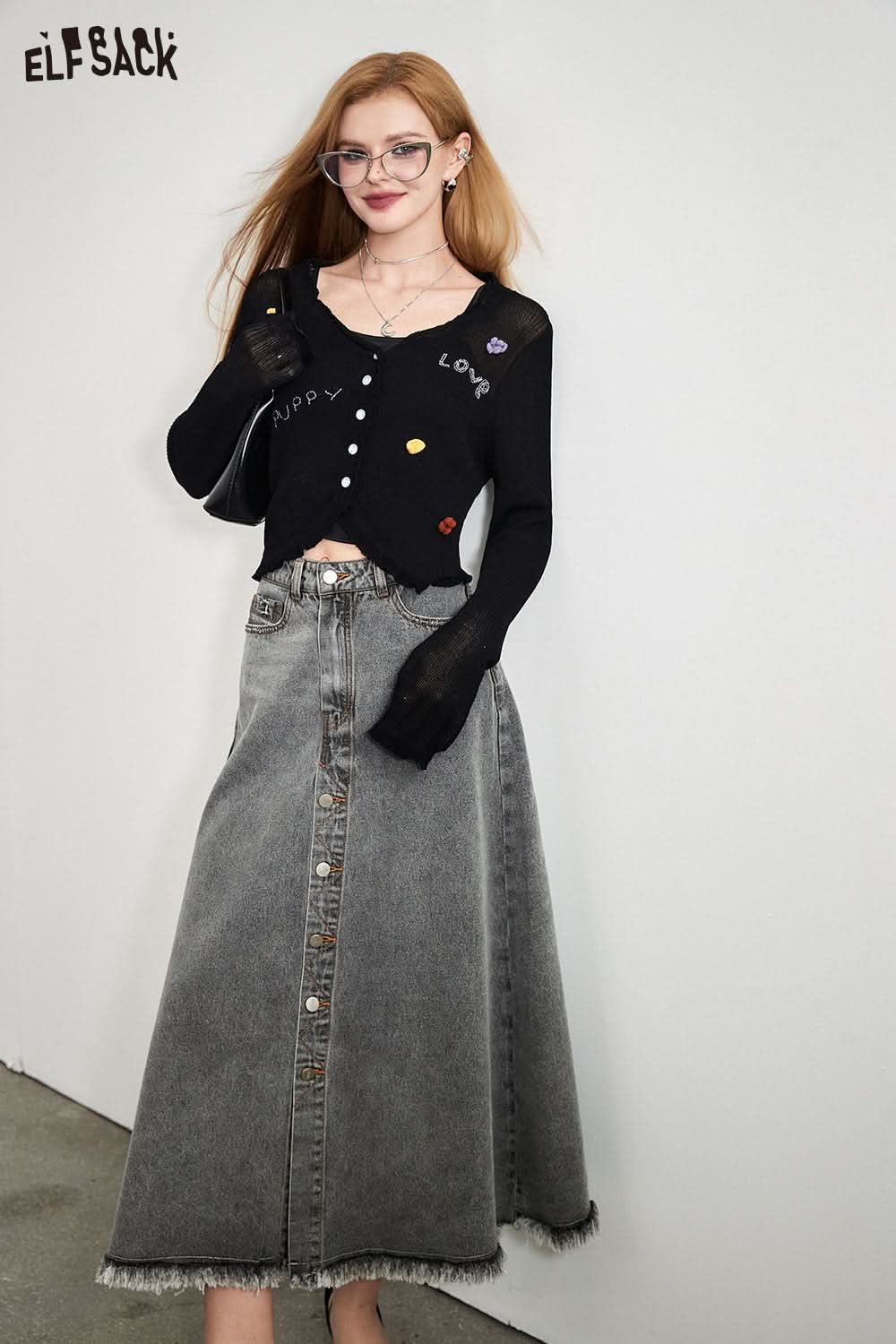 ELFSACK Grey high waisted A-line denim skirt's spring versatile crotch covering and slimming umbrella skirt