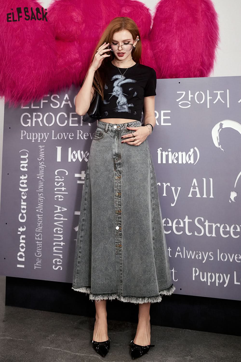 ELFSACK Grey high waisted A-line denim skirt's spring versatile crotch covering and slimming umbrella skirt