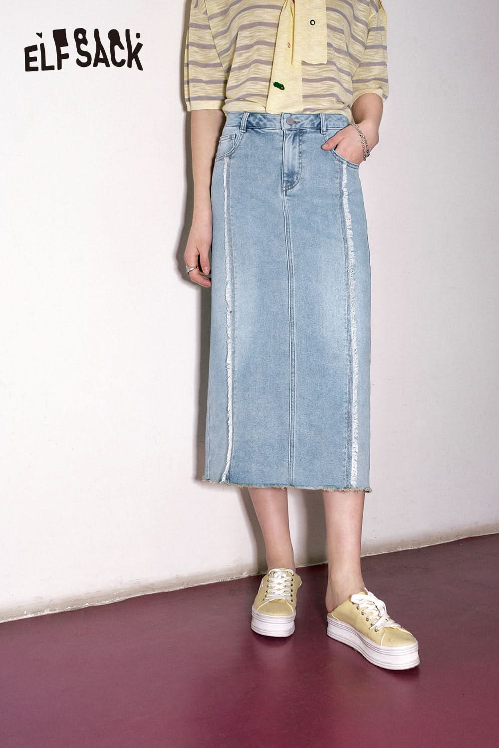 ELFSACK Raw edge splicing high waisted denim skirt's spring popular casual slimming A-line skirt