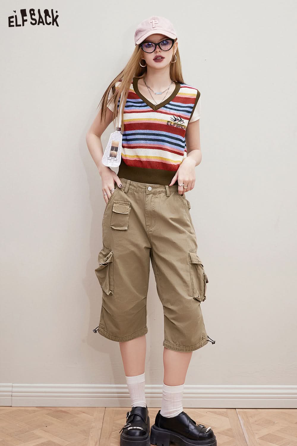 ELFSACK Striped V-neck knitted vest's spring small loose layered top