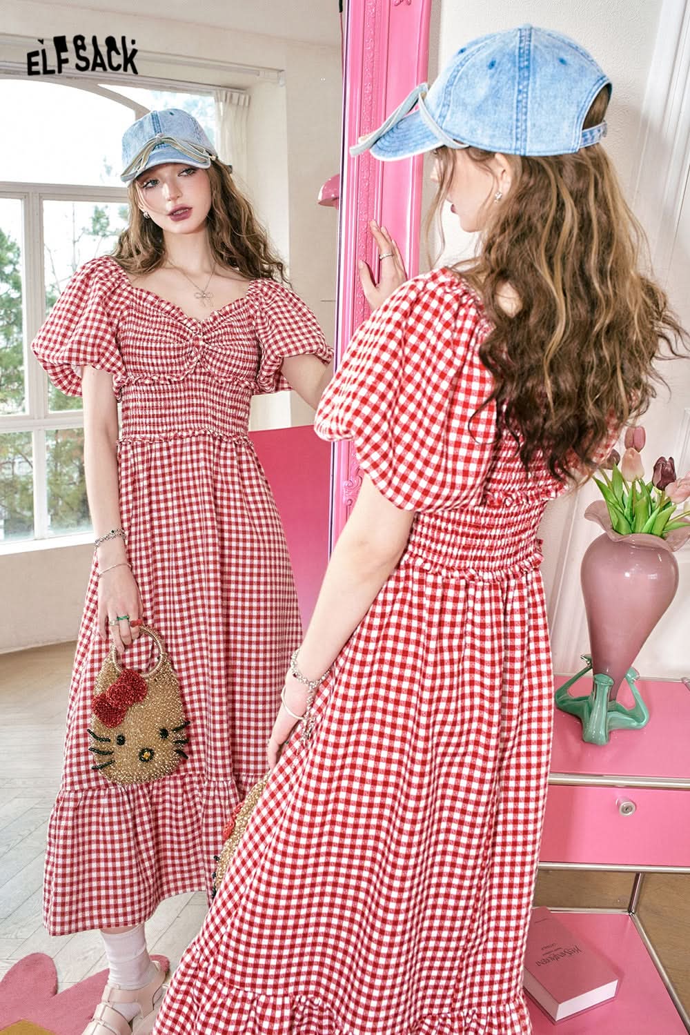 ELFSACK Red plaid dress, sweet bubble sleeves, spring/summer, waist tightening, slimming A-line hem