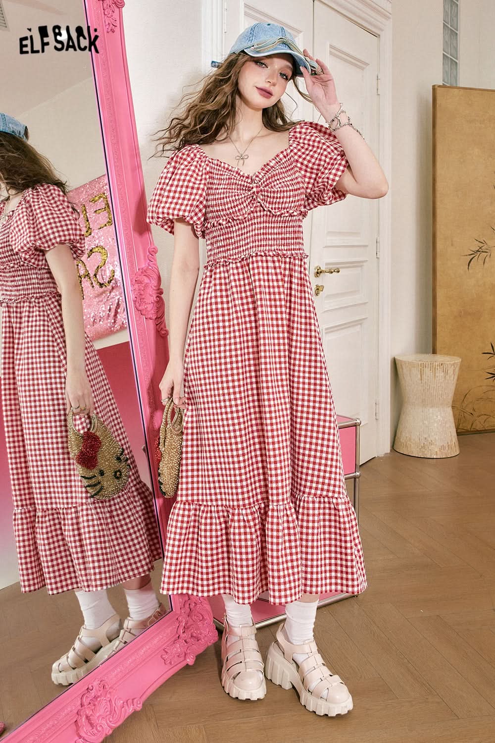 ELFSACK Red plaid dress, sweet bubble sleeves, spring/summer, waist tightening, slimming A-line hem