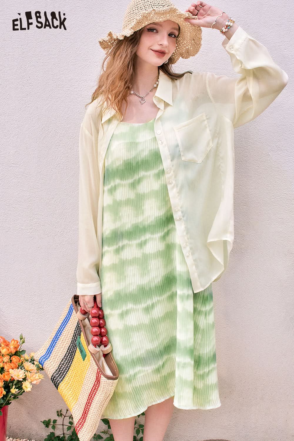 ELFSACK picnic travel vacation holiday soft comfortable fitted chiffon shirt suspender dress pullover straight long sleeve long dress nature woven pleated printing