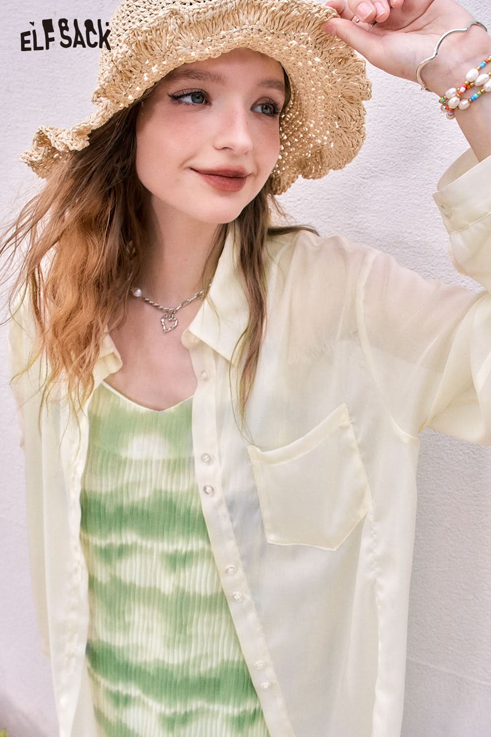 ELFSACK picnic travel vacation holiday soft comfortable fitted chiffon shirt suspender dress pullover straight long sleeve long dress nature woven pleated printing