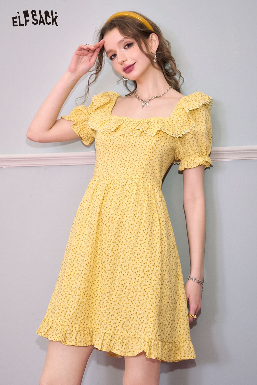ELFSACK picnic travel vacation holiday soft comfortable fitted bubble sleeved floral dress slim elegant waist princess dress squre neck casual