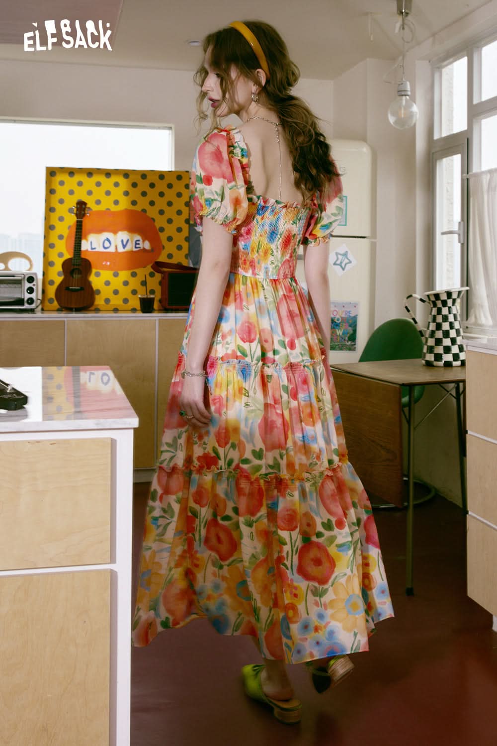 ELFSACK picnic travel vacation holiday soft comfortable fitted mushroom edge dress cake dress fragmented flowers floral casual square neck