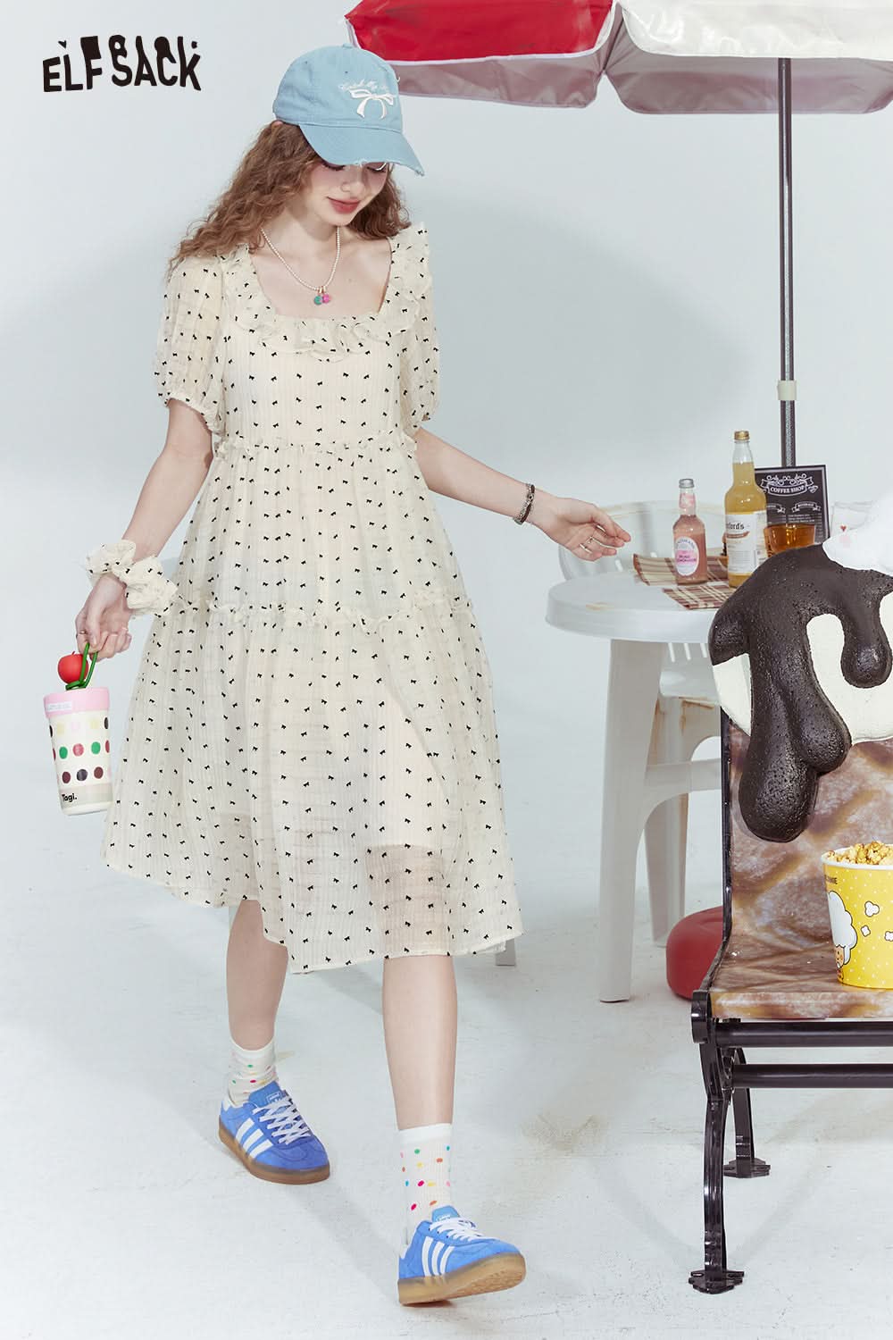 ELFSACK White bow print waist slimming gentle temperament chiffon dress