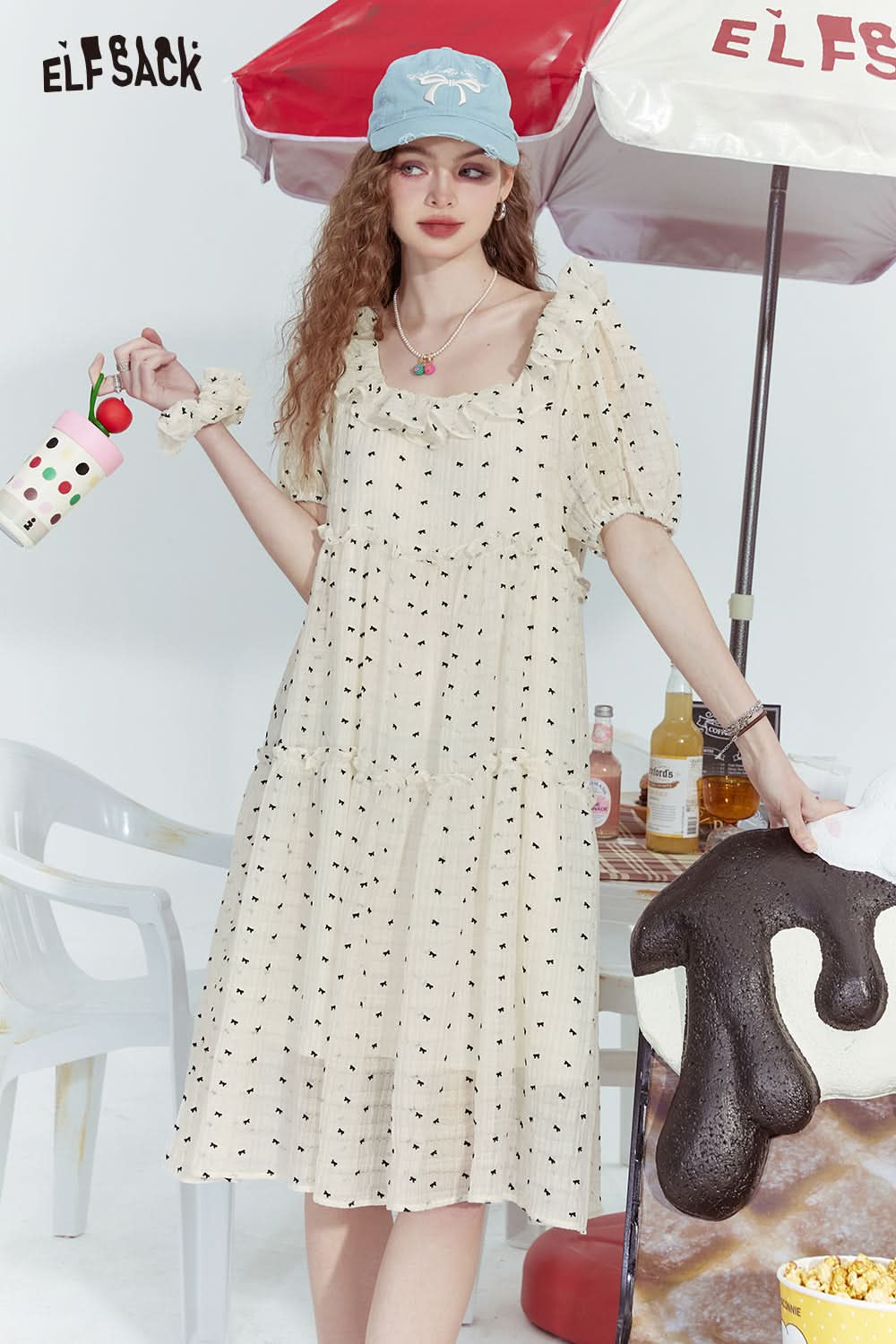 ELFSACK White bow print waist slimming gentle temperament chiffon dress
