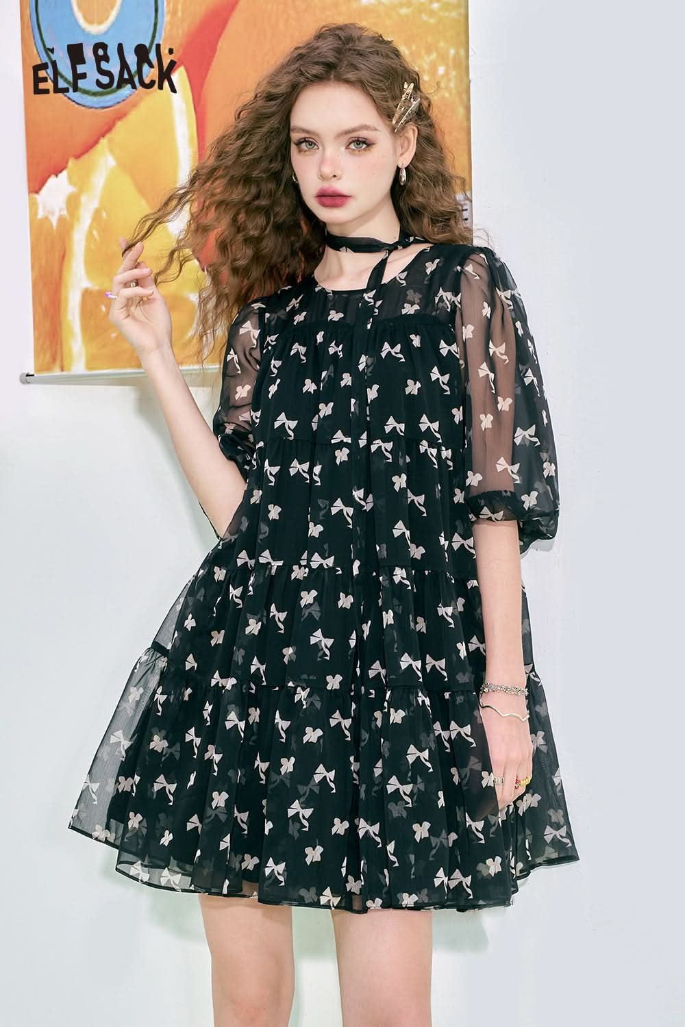 ELFSACK Pink Bow Cute Princess Style Cake Print Chiffon Dress