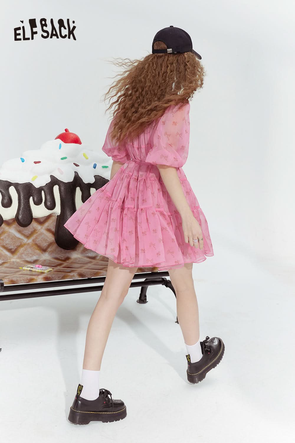 ELFSACK Pink Bow Cute Princess Style Cake Print Chiffon Dress