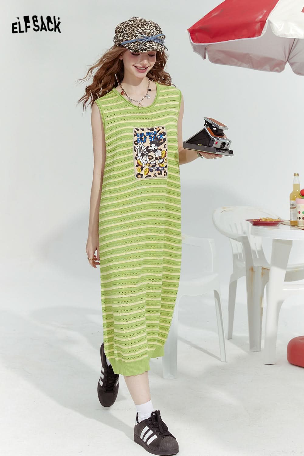 ELFSACK Mickey Ice Silk Stripe Print Knitted Slim Gentle Sleeveless Dress Vest