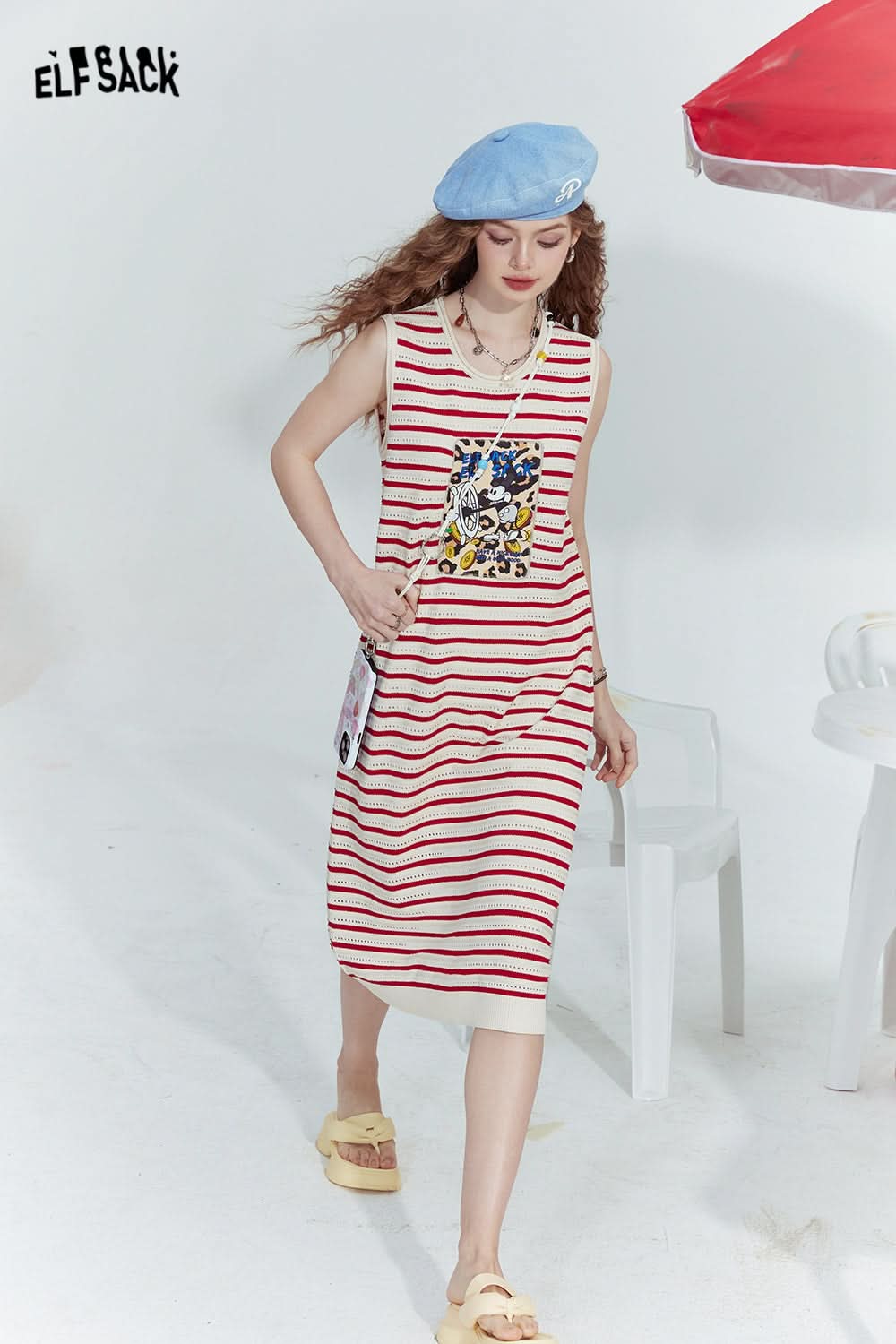 ELFSACK Mickey Ice Silk Stripe Print Knitted Slim Gentle Sleeveless Dress Vest