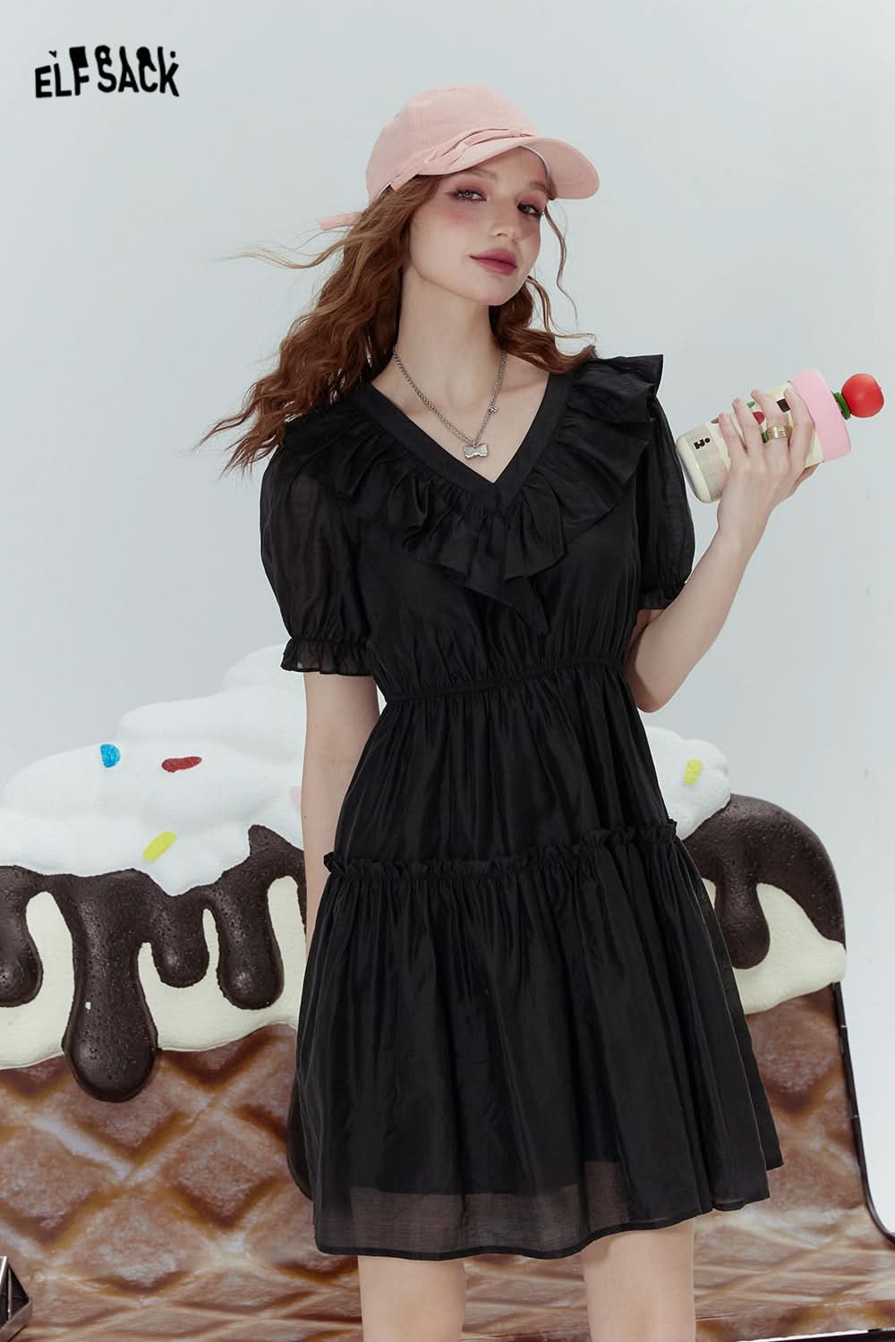 ELFSACK Ice silk ruffled black slim intellectual French style v-neck dress
