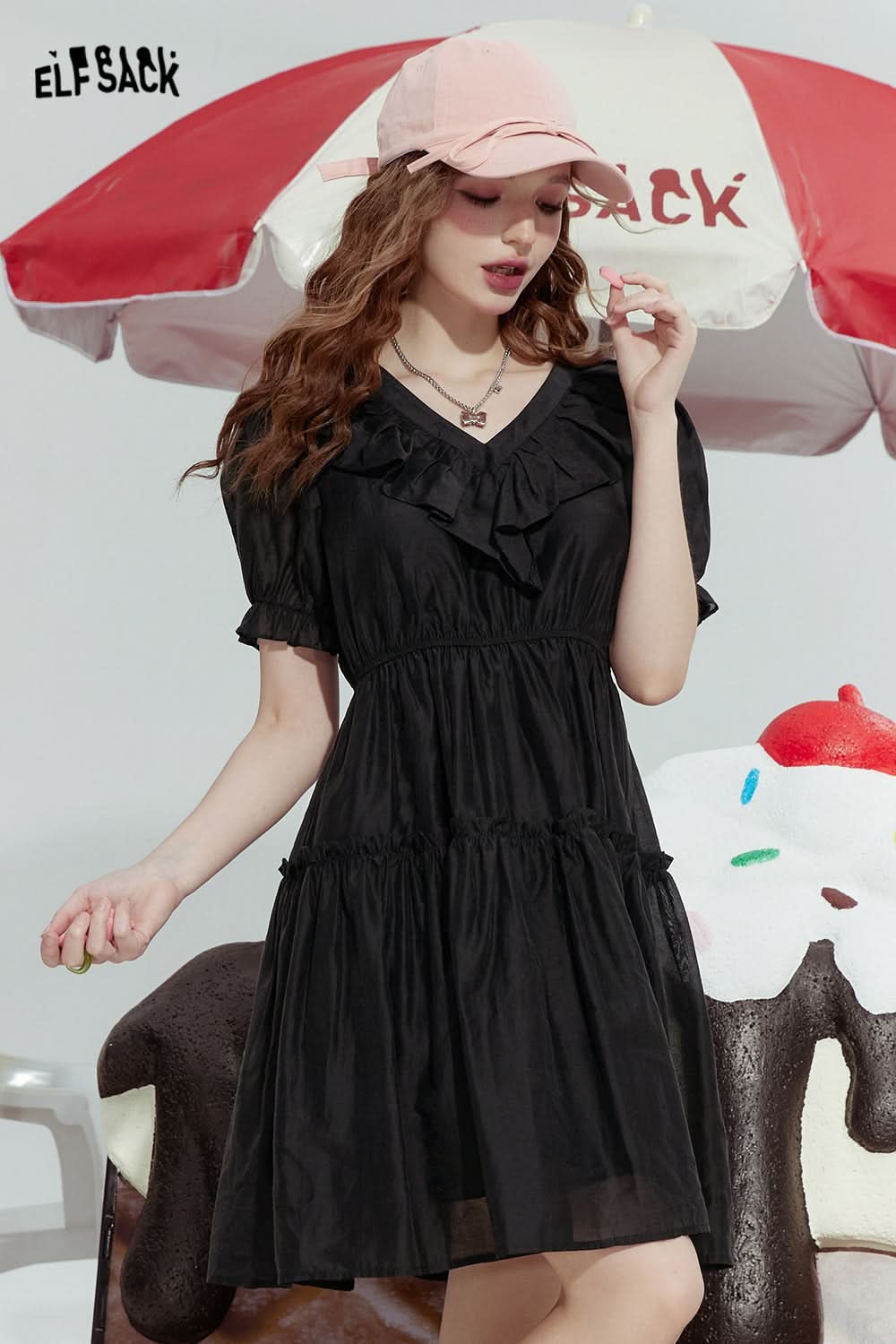 ELFSACK Ice silk ruffled black slim intellectual French style v-neck dress