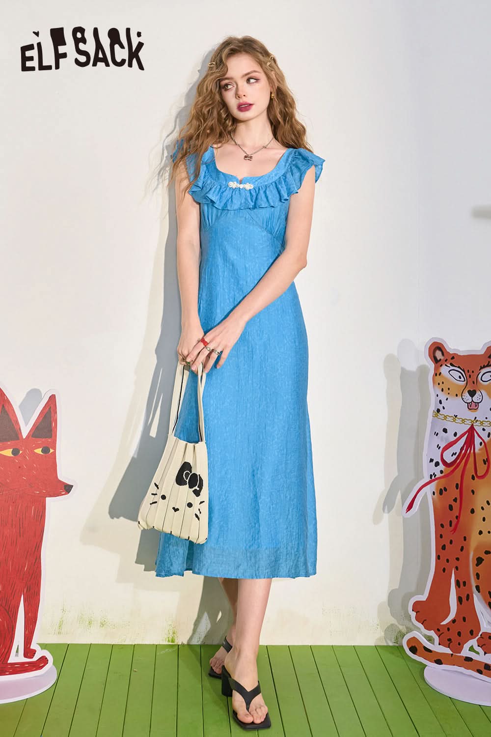 ELFSACK Chinese style Black Ear Edge Button Dress Women's Vacation Style Skirt