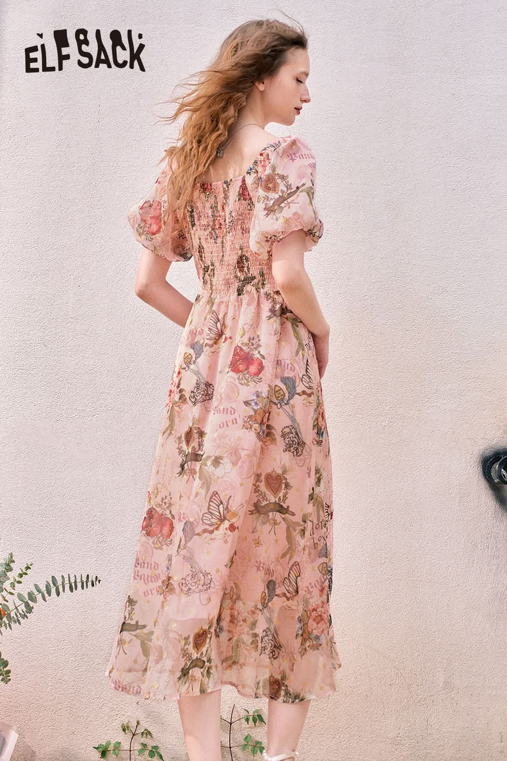 ELFSACK Puff Sleeve Floral Pattern Waist-Lining Temperament Holiday Princess Dress