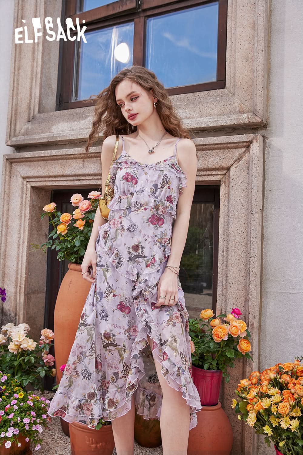 ELFSACK Gentle floral sling ruffled temperament light color sleeveless dress