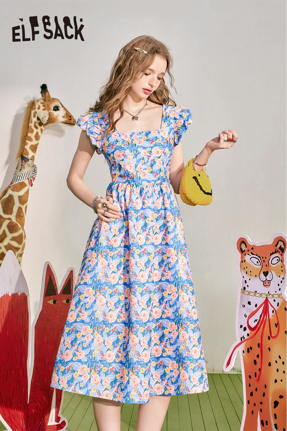 ELFSACK French square neckline floral dress for summer, women's waist up holiday dress