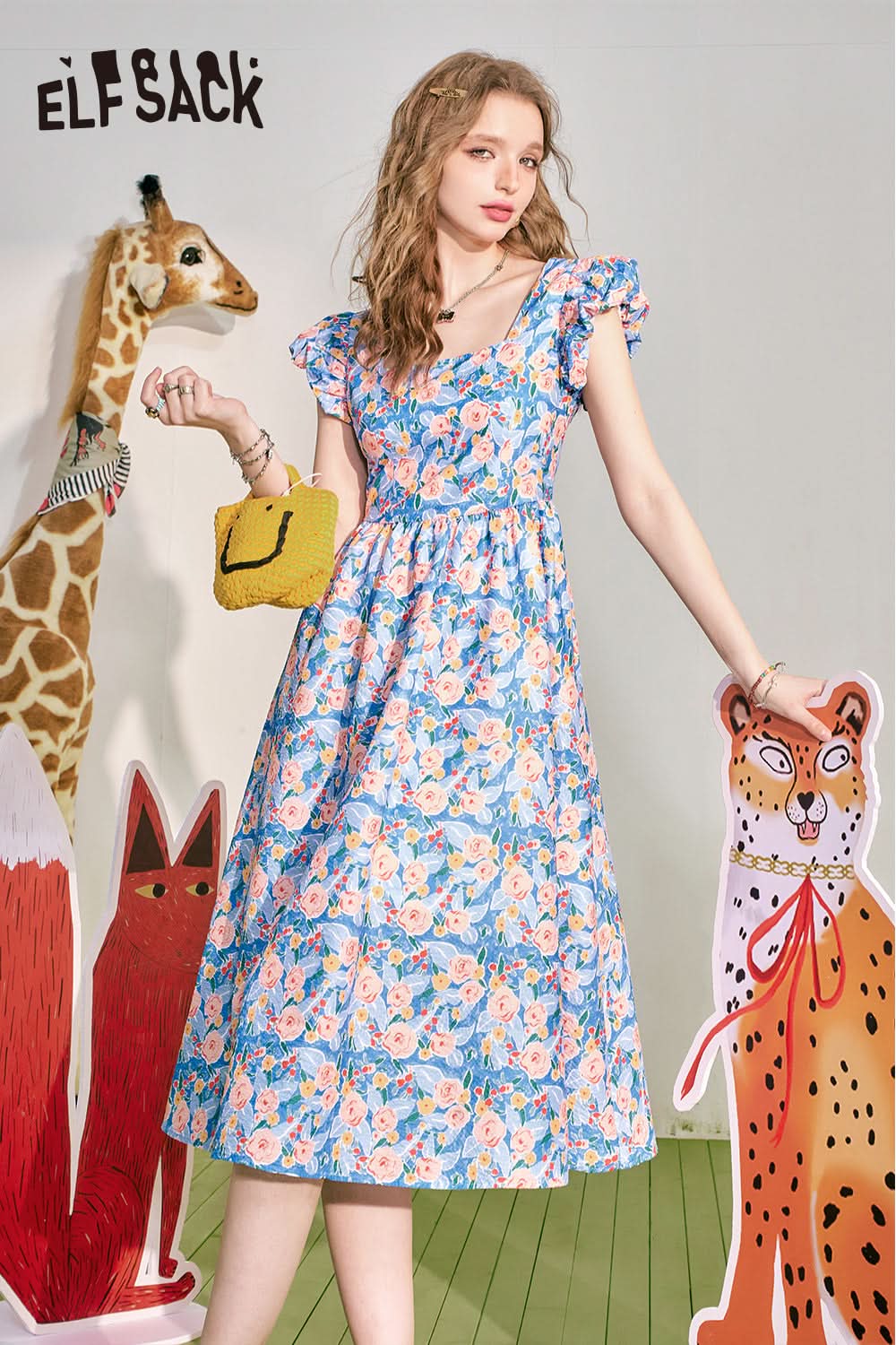ELFSACK French square neckline floral dress for summer, women's waist up holiday dress