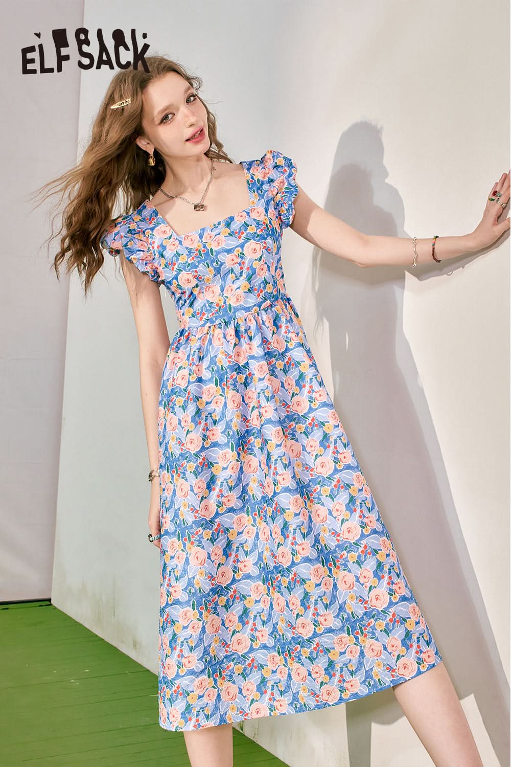 ELFSACK French square neckline floral dress for summer, women's waist up holiday dress