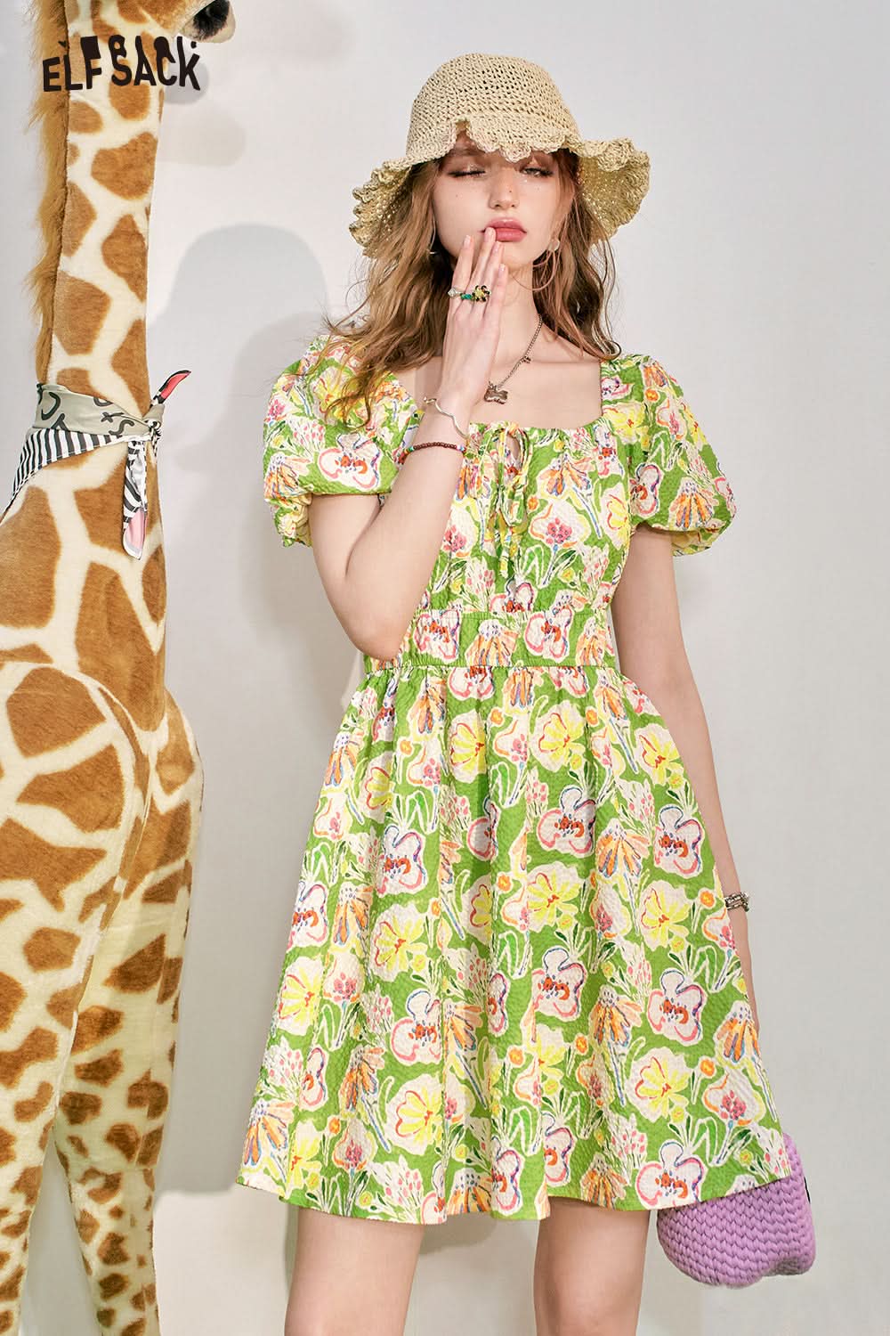 ELFSACK Bubble Sleeves Fragmented Flower Dress Women's Waist Wrapped Style Holiday Princess Dress