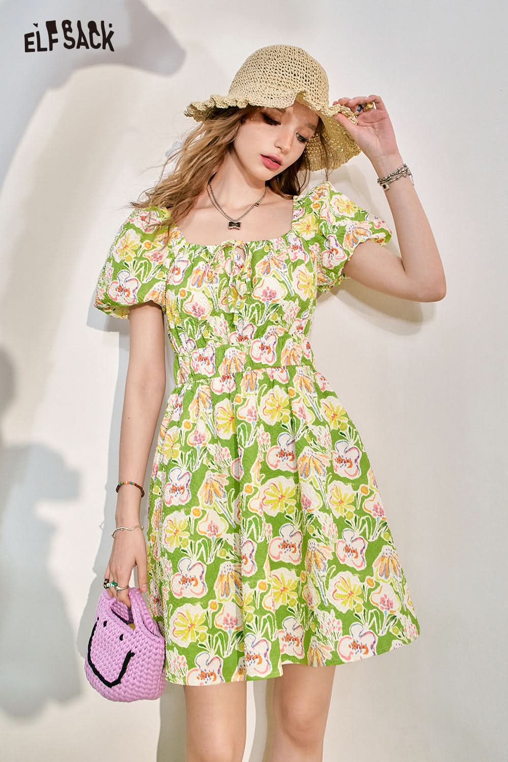 ELFSACK Bubble Sleeves Fragmented Flower Dress Women's Waist Wrapped Style Holiday Princess Dress