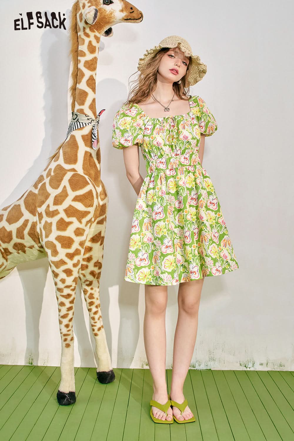 ELFSACK Bubble Sleeves Fragmented Flower Dress Women's Waist Wrapped Style Holiday Princess Dress