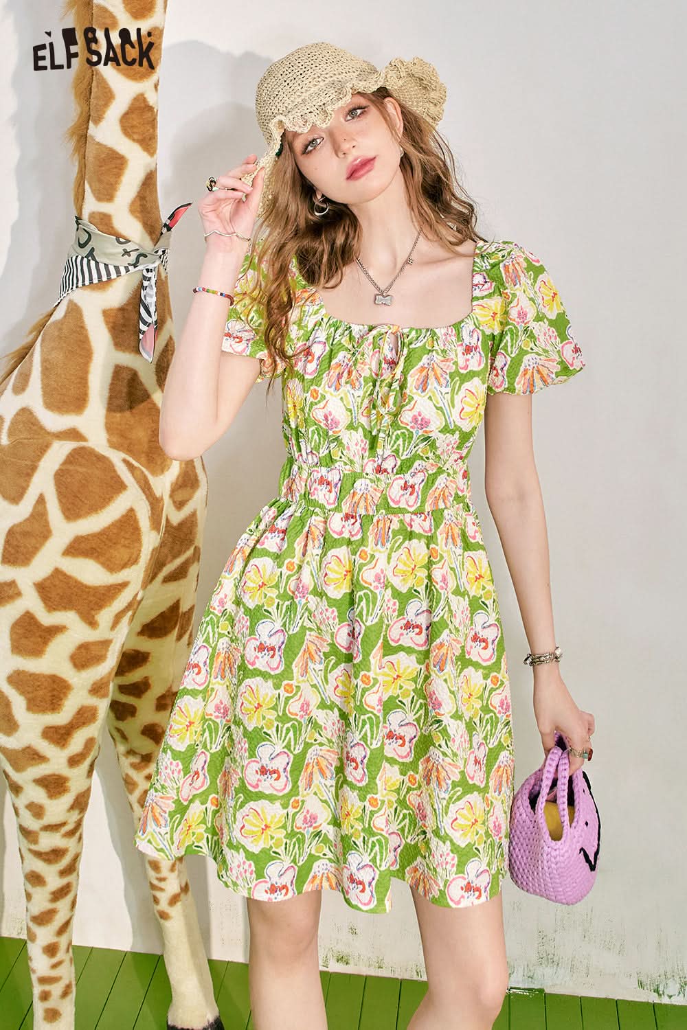 ELFSACK Bubble Sleeves Fragmented Flower Dress Women's Waist Wrapped Style Holiday Princess Dress