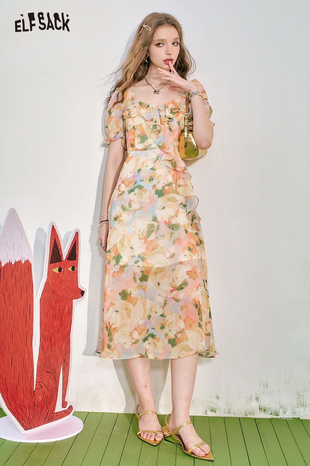 ELFSACK French Bubble Sleeves Wrap Up to Look Slim Ladies Fragmented Flower Dress Women