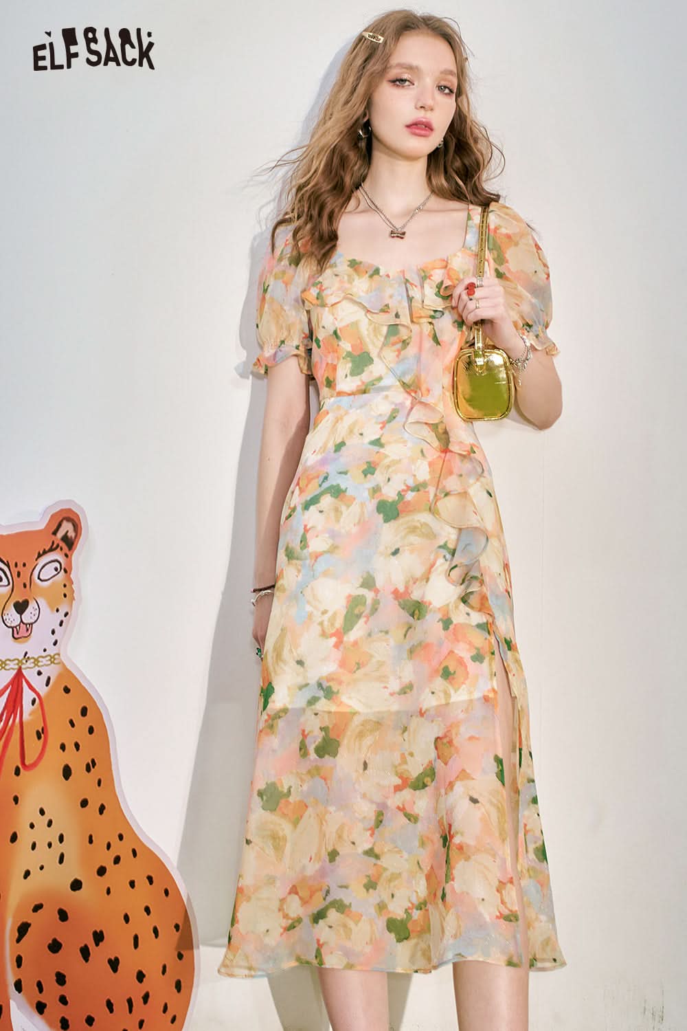 ELFSACK French Bubble Sleeves Wrap Up to Look Slim Ladies Fragmented Flower Dress Women