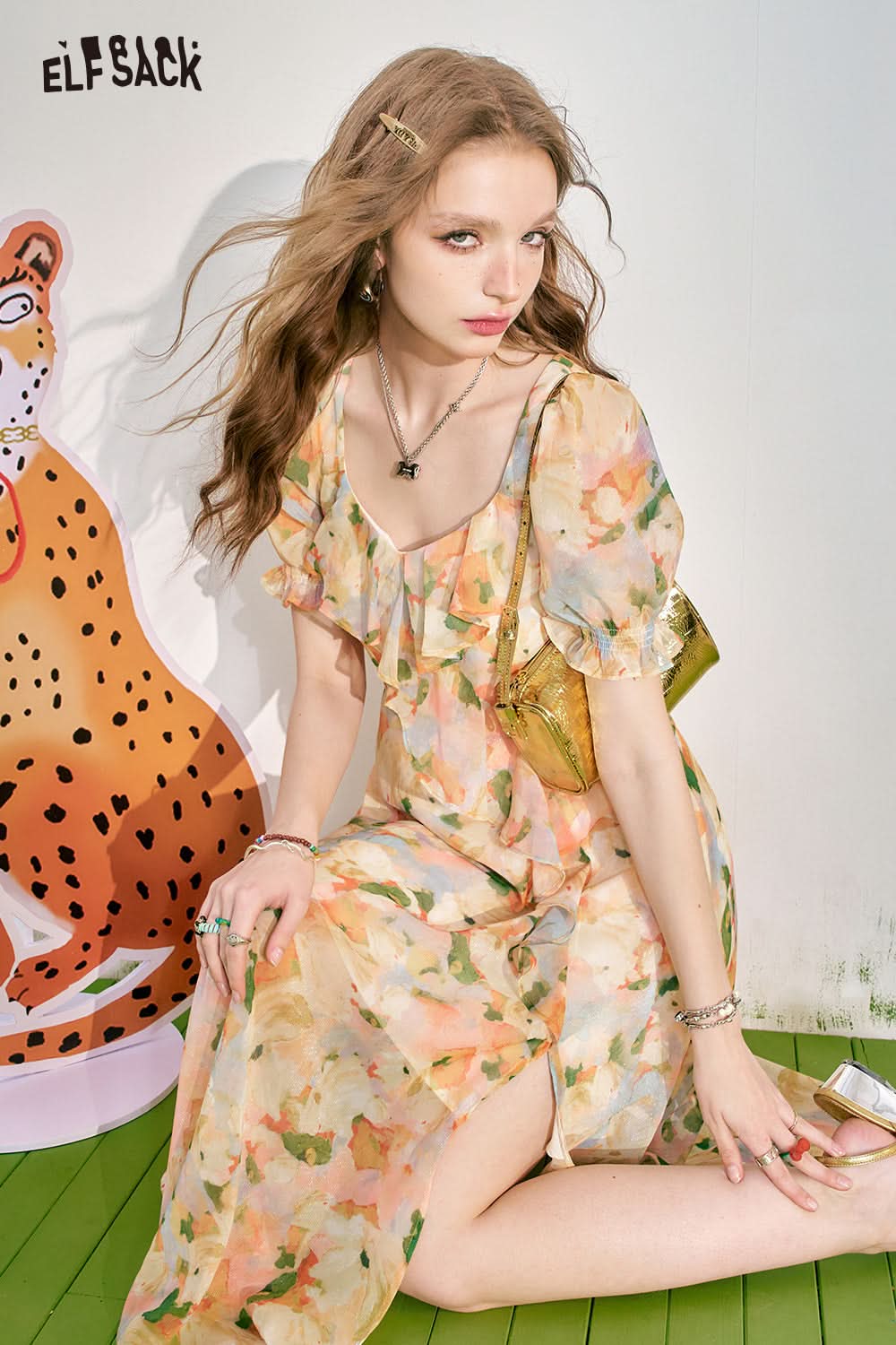 ELFSACK French Bubble Sleeves Wrap Up to Look Slim Ladies Fragmented Flower Dress Women