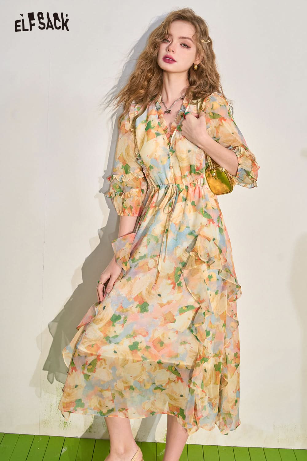 ELFSACK French V-Neck Spliced Ruffle Edge Waist Fragmented Flower Dress