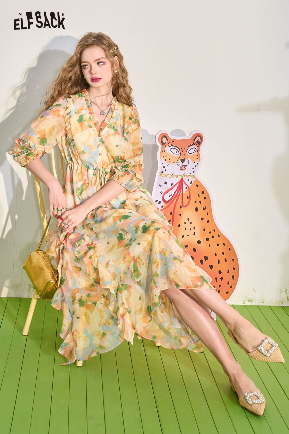 ELFSACK French V-Neck Spliced Ruffle Edge Waist Fragmented Flower Dress