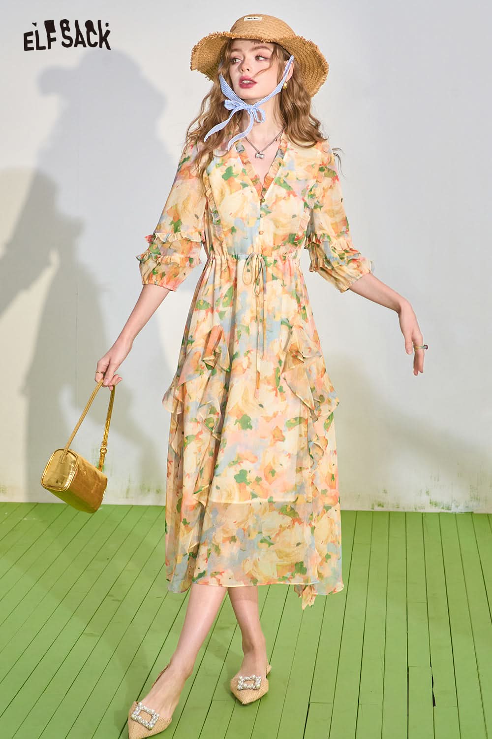 ELFSACK French V-Neck Spliced Ruffle Edge Waist Fragmented Flower Dress